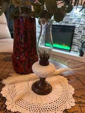 Vintage Miniature Milk Glass Oil Lamp | Quilted Diamond Pattern, Hong Kong